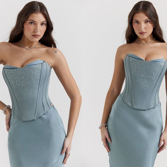 House of CB 'Nastassia' Cool Blue Embellished Satin Corset NWOT - Picture 7 of 10